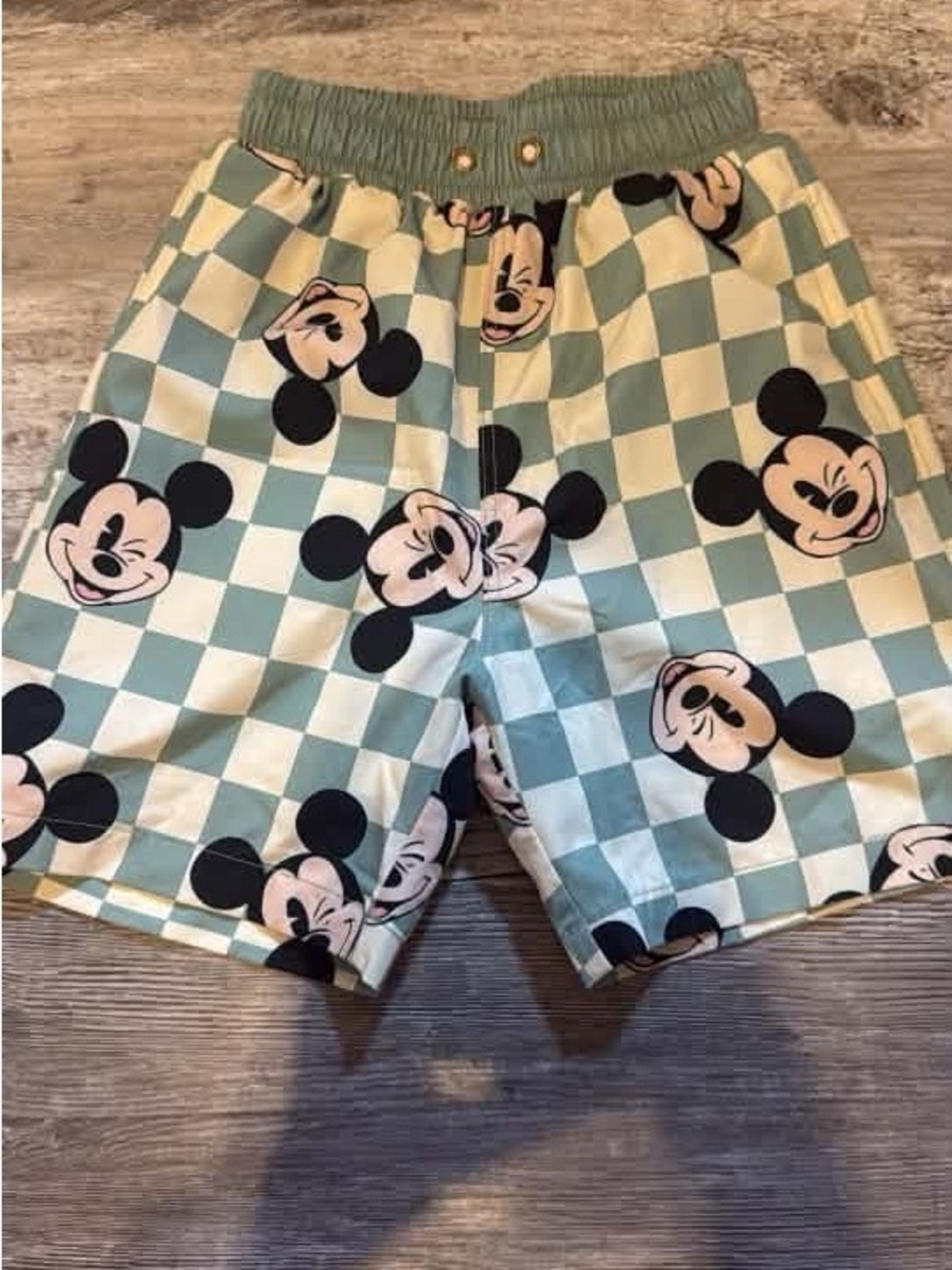 Kids Checkerboard Mickey Mouse Shorts in Green and Cream